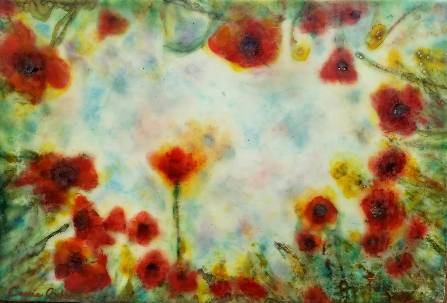 Prints available, original ***SOLD*** Spring Flowers Dress Collection - Rose Dress, encaustic, ink, watercolor 3.5x4.5