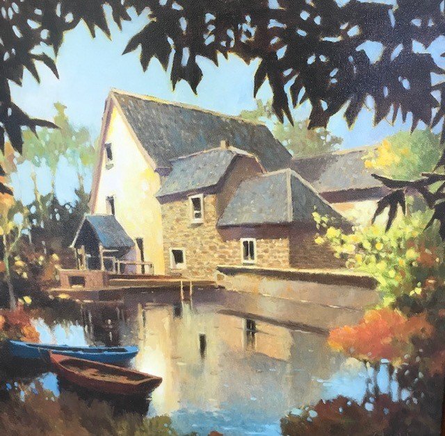 MAX HAYSLETTE - Matthews collection, Untitled (Brown Blue Boats) Original Oil on Canvas, 16x16 (50% of proceeds benefits Kitsap Community Foundation)