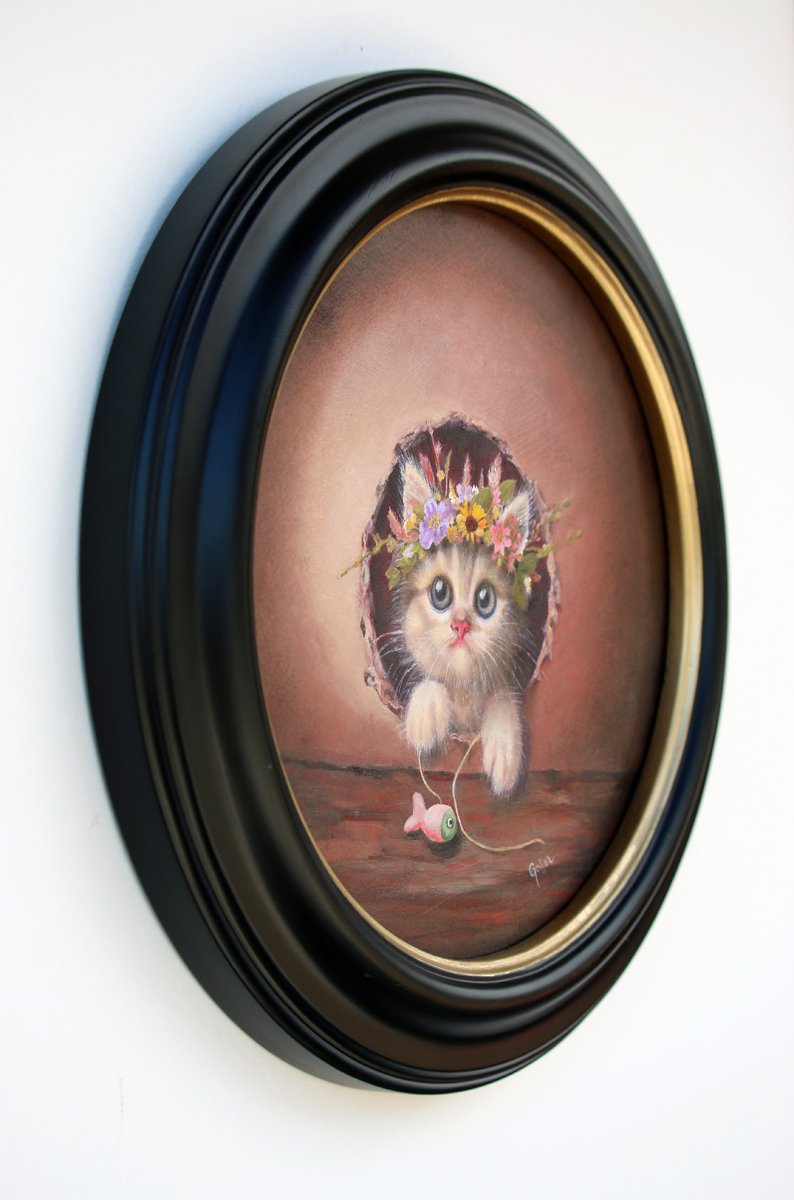 CARRIE GOLLER - Brutus (Floriferous Collection), oil 8x8 Miniature (kitten) ***At Rehs Contemporary Galleries, NYC, please inquire at (212) 355-5710***