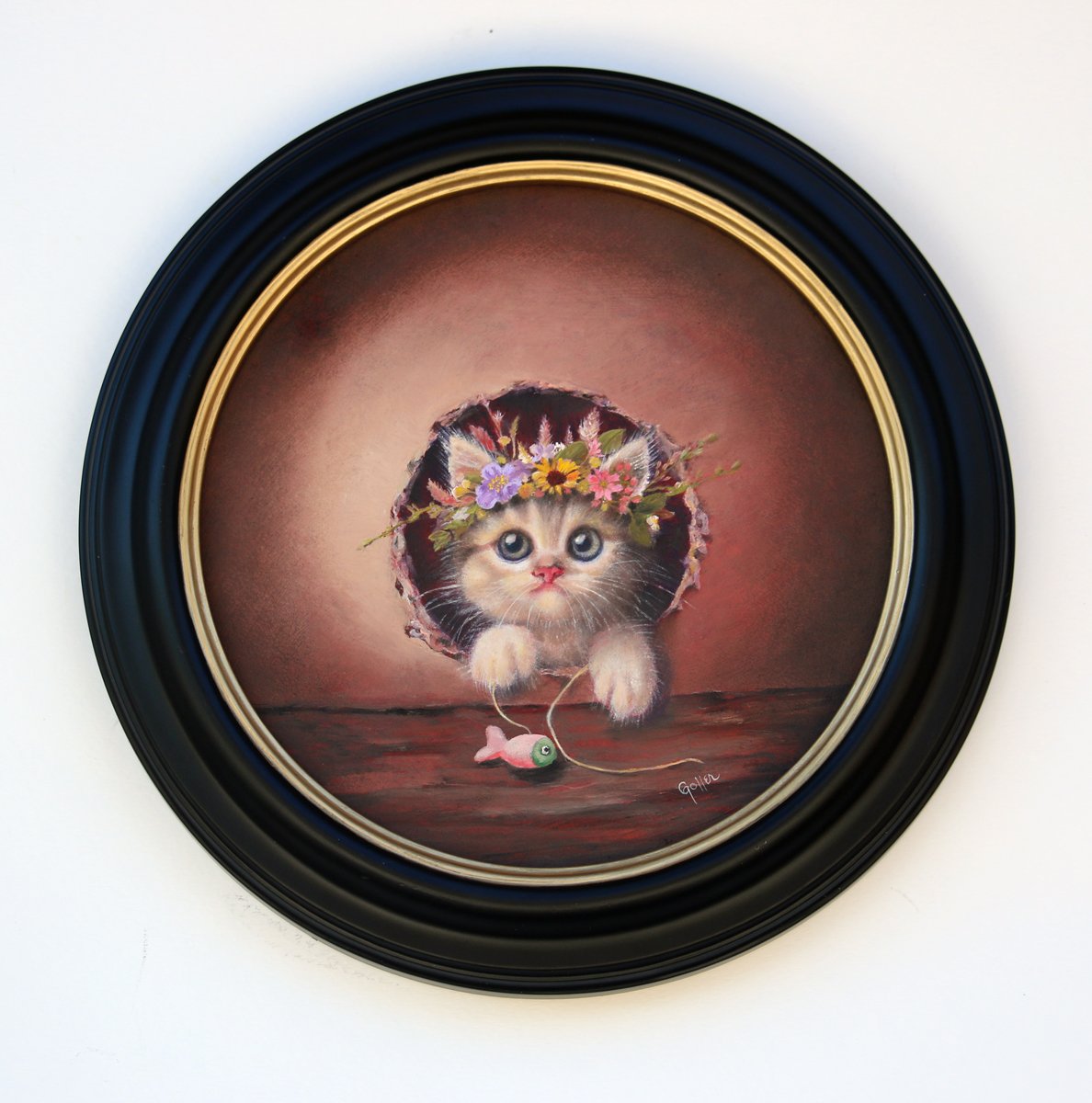 CARRIE GOLLER - Brutus (Floriferous Collection), oil 8x8 Miniature (kitten) ***At Rehs Contemporary Galleries, NYC, please inquire at (212) 355-5710***