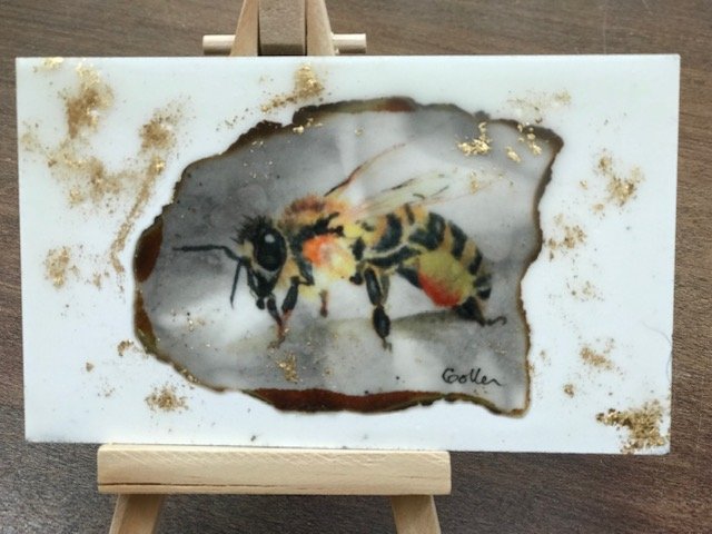 ***SOLD***Carrie Goller - Bumble Bee, miniature encaustic giclee print with gold leaf, 3 x 4.75