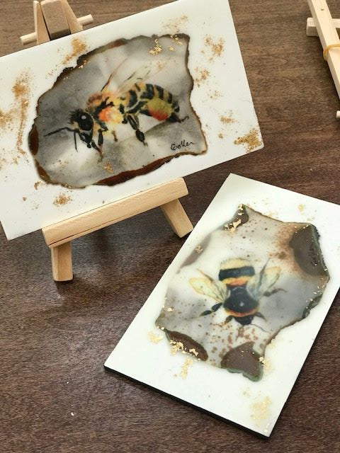 Carrie Goller - Feather, miniature encaustic giclee print with gold leaf, 3 x 4.75