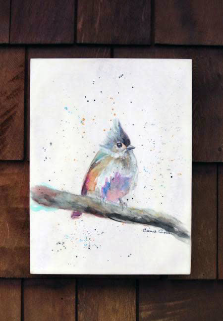 Prints available, original ***SOLD*** Byron (Tufted Titmouse) - original Encaustic/Watercolor original on panel - 12x9