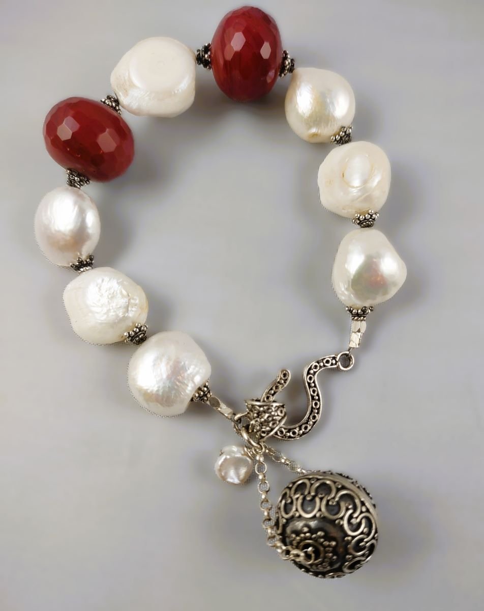 Available Upon Request - B846 Debra Saldivar - Bracelet Freshwater Pearls, Ruby Quartz, Bali Silver