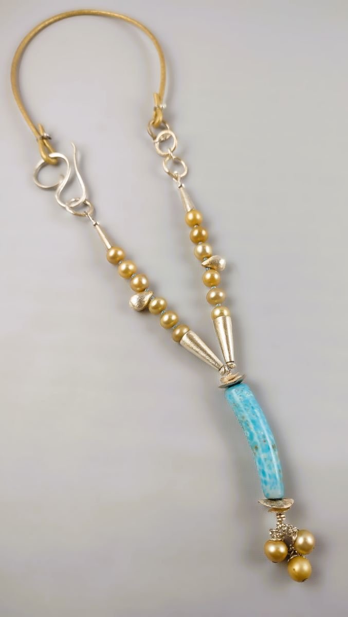 ***SOLD*** N1117 Debra Saldivar - Necklace Freshwater Pearls, Sterling Silver, Leather, Vintage Lucite, Fine Silver