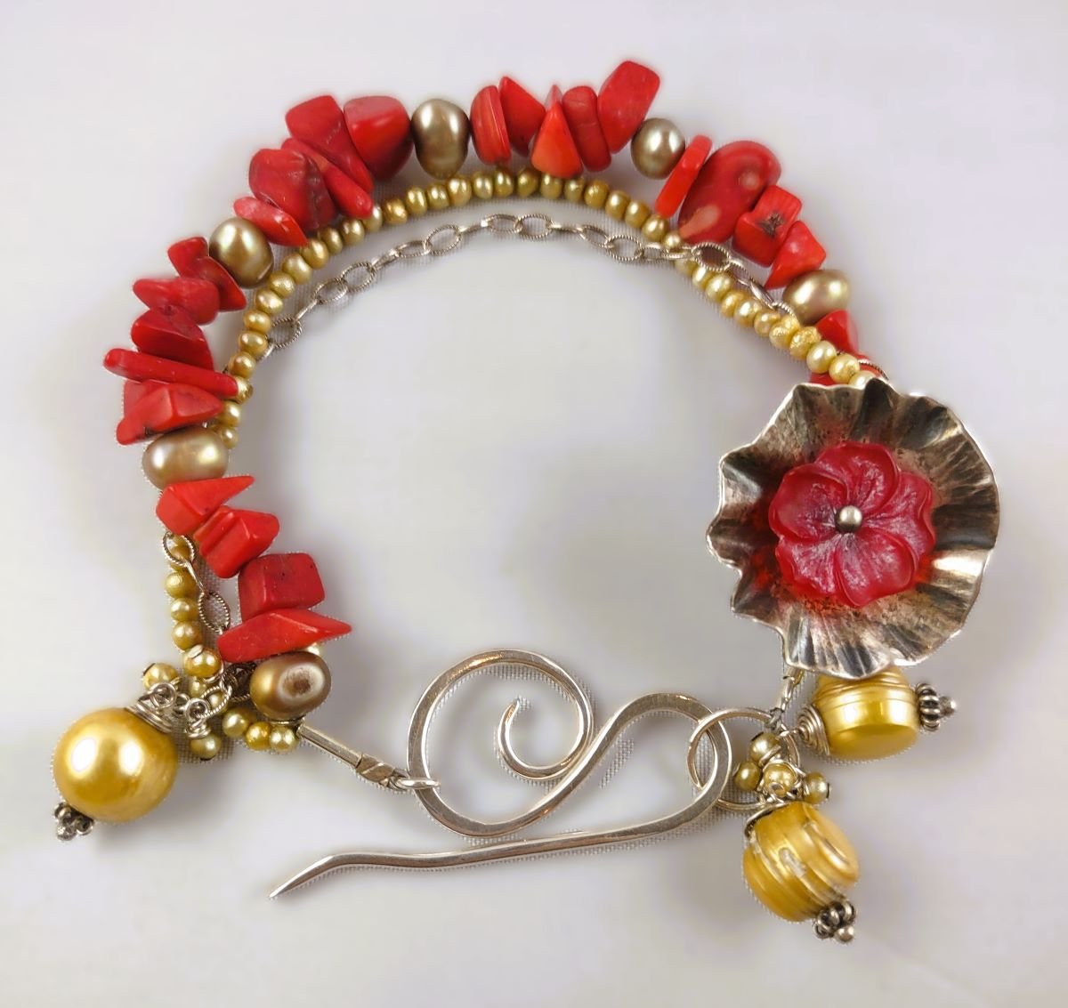 ***SOLD*** B833 Debra Saldivar - Bracelet, Sterling Silver, Freshwater Pearls, Coral, Bali Silver, Vintage Lucite