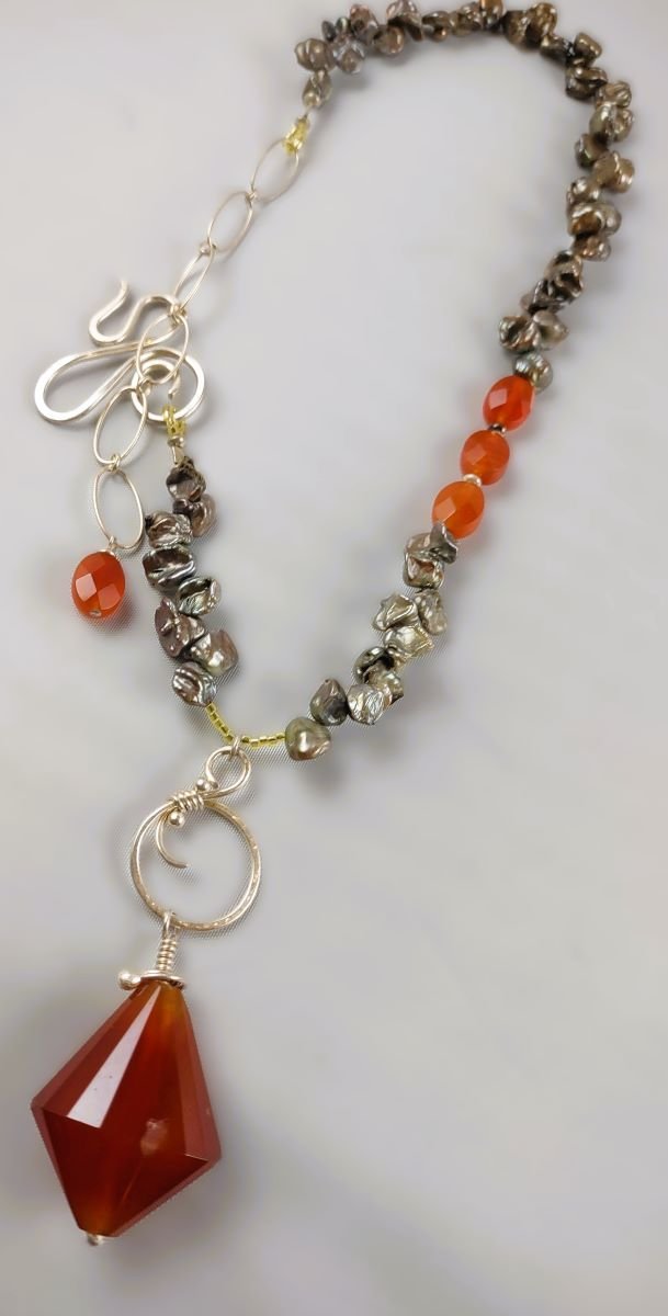 Available Upon Request - N1110 Debra Saldivar - Necklace Freshwater Pearls, Sterling Silver, Fine Silver, Carnelian