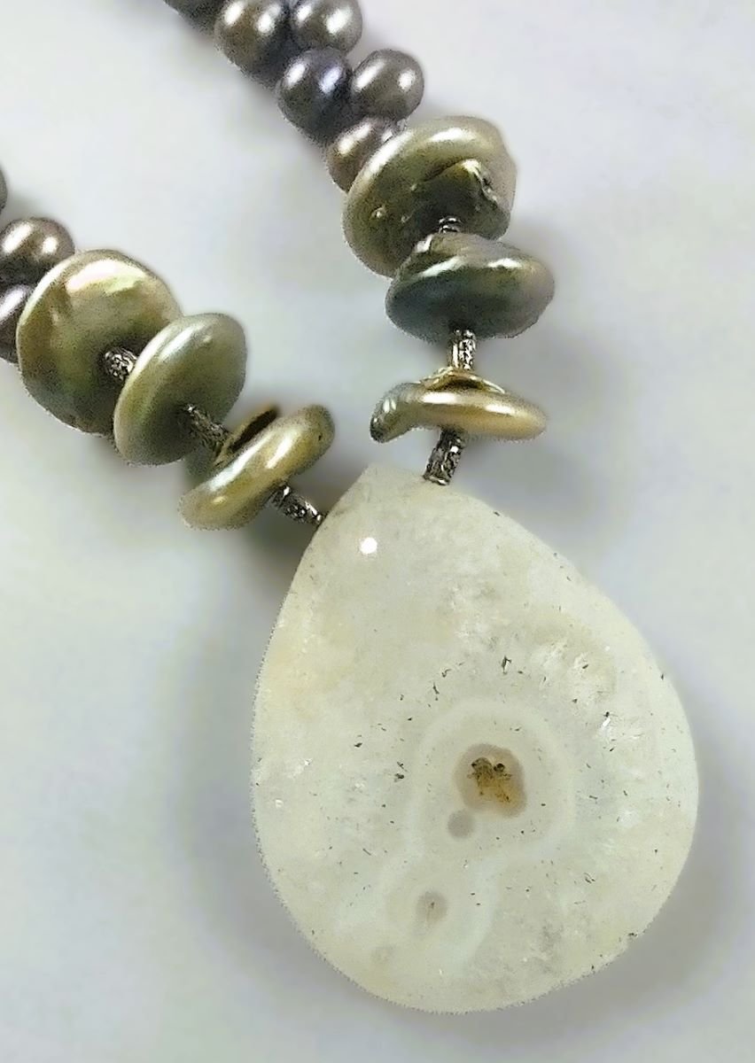 Available Upon Request - N218 Debra Saldivar - Necklace Freshwater Pearls, Bali Silver, Druzy Quartz