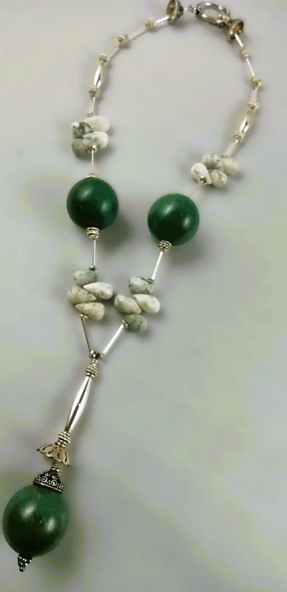 Available Upon Request - N437 Debra Saldivar - Necklace Jade, Moss Agate, Sterling Silver, Bali Silver