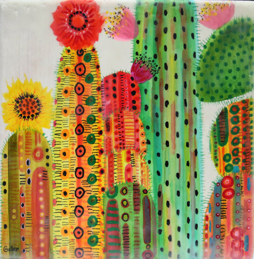 Prints available, original ***SOLD*** CARRIE GOLLER - Cactus Party IV, encaustic/watercolor 9x9