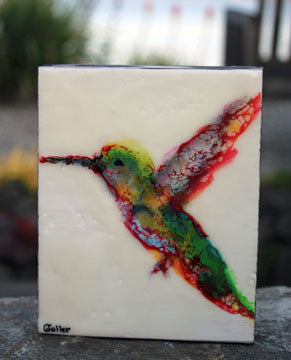 ***SOLD*** Colibri II, encaustic/mixed media 8.5x7
