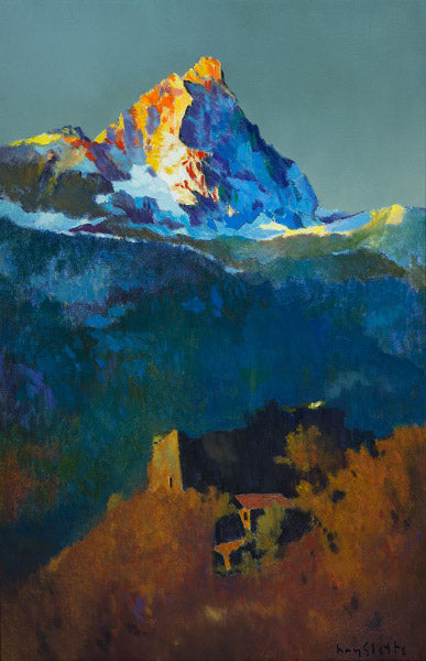 Prints available, original ***SOLD*** MAX HAYSLETTE - Campers at Valle D’aosta (HMOC 1379, Oil & Mixed Media 30x20)