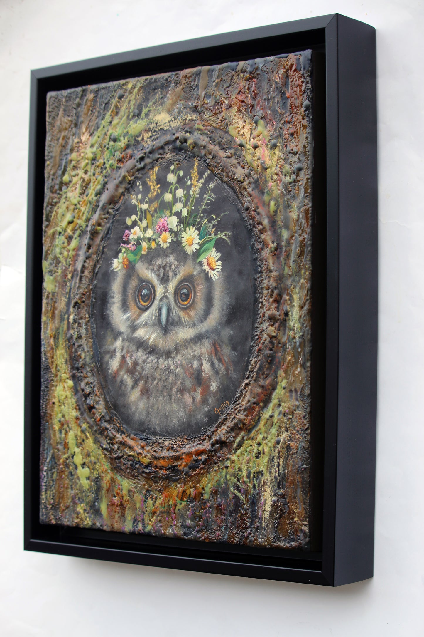 Prints available, original ***SOLD*** CARRIE GOLLER - Orion (Floriferous Owl), mixed media – oil/encaustic, 11" x 14" ***At Abend Gallery, Denver, CO please inquire at (303) 355-0950***