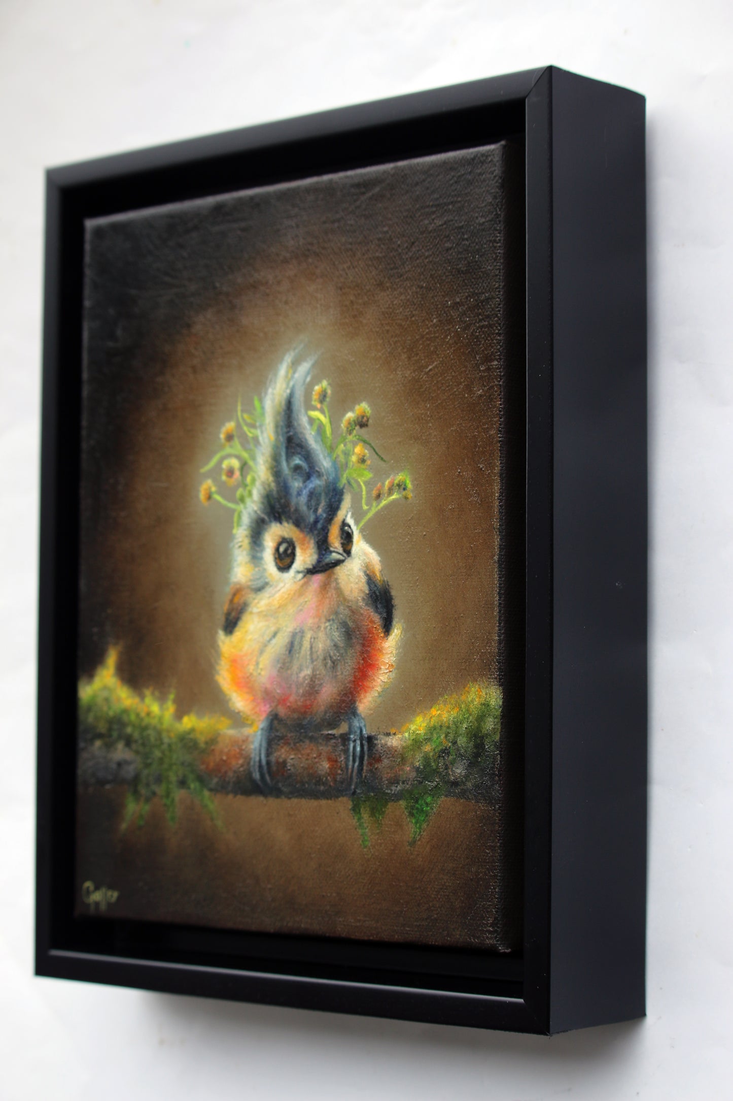 CARRIE GOLLER - Pippin (Floriferous Tufted Titmouse) – oil 8"x 10" ***At Abend Gallery, Denver, CO please inquire at (303) 355-0950*** AT "ANIMALIA VI"