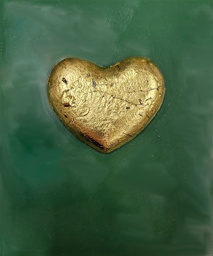 ***SOLD*** Carrie Goller - Gold Heart on Dark Green, encaustic 4x3.5