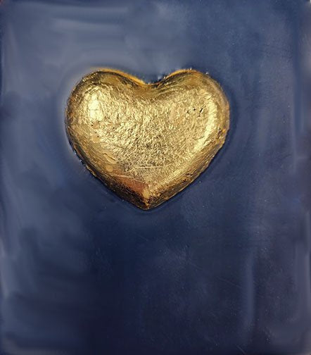 ***SOLD*** Carrie Goller - Gold Heart on Navy Blue, encaustic 4x3.5