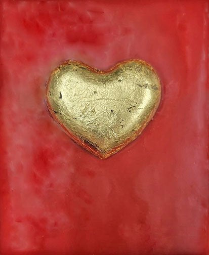 ***SOLD*** Carrie Goller - Gold Heart on Red, encaustic 4x3.5
