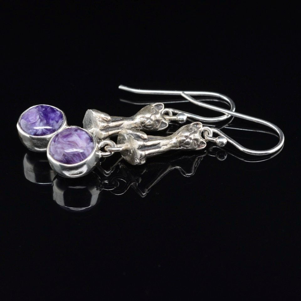 Jody Lyle -Cat and Charolite Ball, Sterling Silver and Charolite Earrings