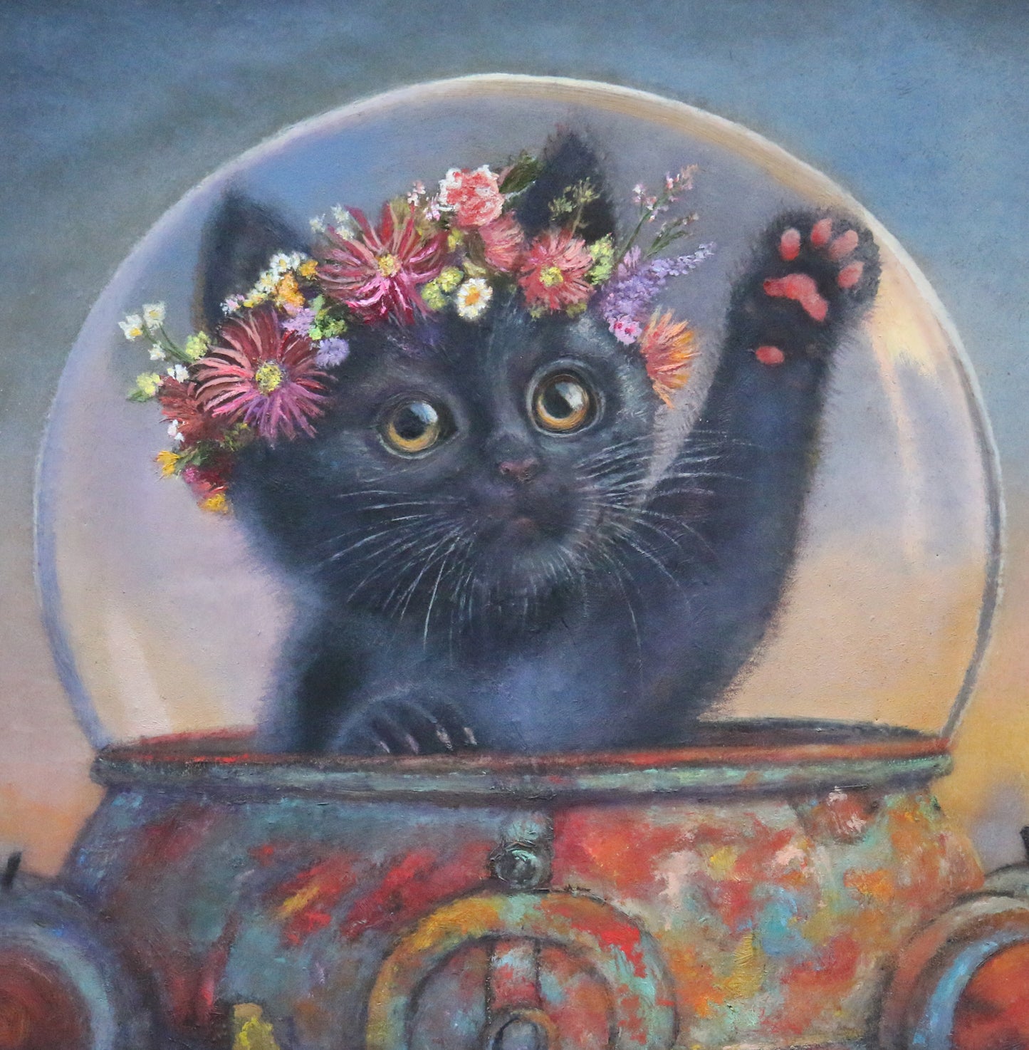 CARRIE GOLLER - Check Meowtt!! Floriferous Cat, Mixed Media - Oil/Encaustic, 11"x14" ******At Rehs Contemporary Galleries, NYC, please inquire at (212) 355-5710***