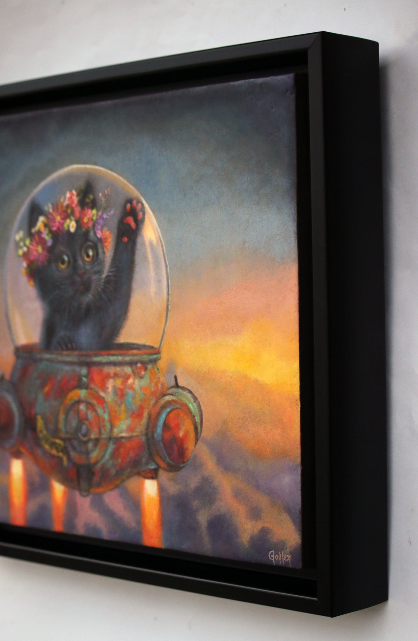 CARRIE GOLLER - Check Meowtt!! Floriferous Cat, Mixed Media - Oil/Encaustic, 11"x14" ******At Rehs Contemporary Galleries, NYC, please inquire at (212) 355-5710***