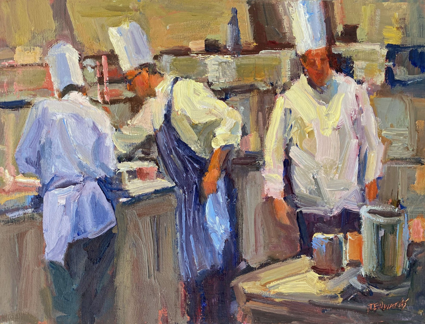 ***SOLD*** JEANNE EDWARDS - Chef's Table, oil on panel (framed) 9x12