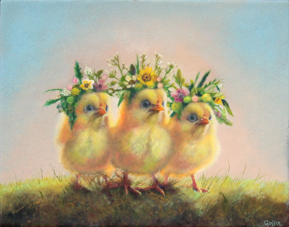 Prints available, original ***SOLD*** CARRIE GOLLER - Chiquitas (Floriferous Collection, Chicks, Mixed Media - oil/encaustic 14x11 ***At Jones & Terwilliger Galleries, Carmel, CA please inquire at (831) 626-9100***