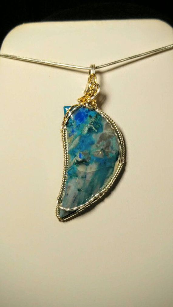 ***SOLD***CHARLES GOLLER - Chrysacola: sterling silver gold-filled wire-wrapped gemstone pendant-necklace with sterling snake chain