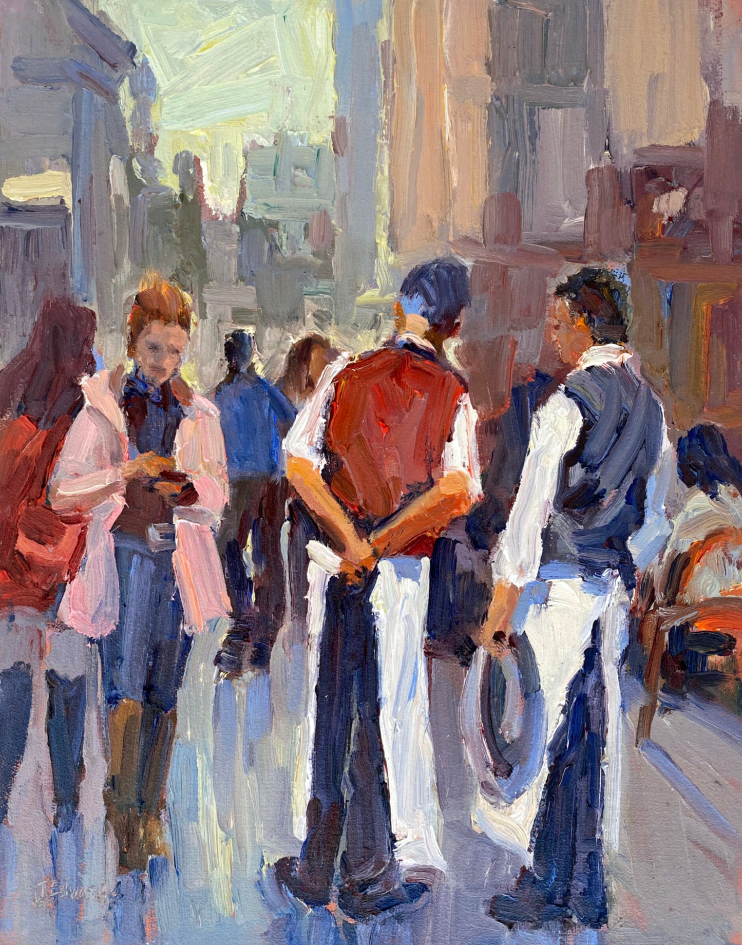 ***SOLD*** JEANNE EDWARDS - City Break, oil on panel (framed) 14x11