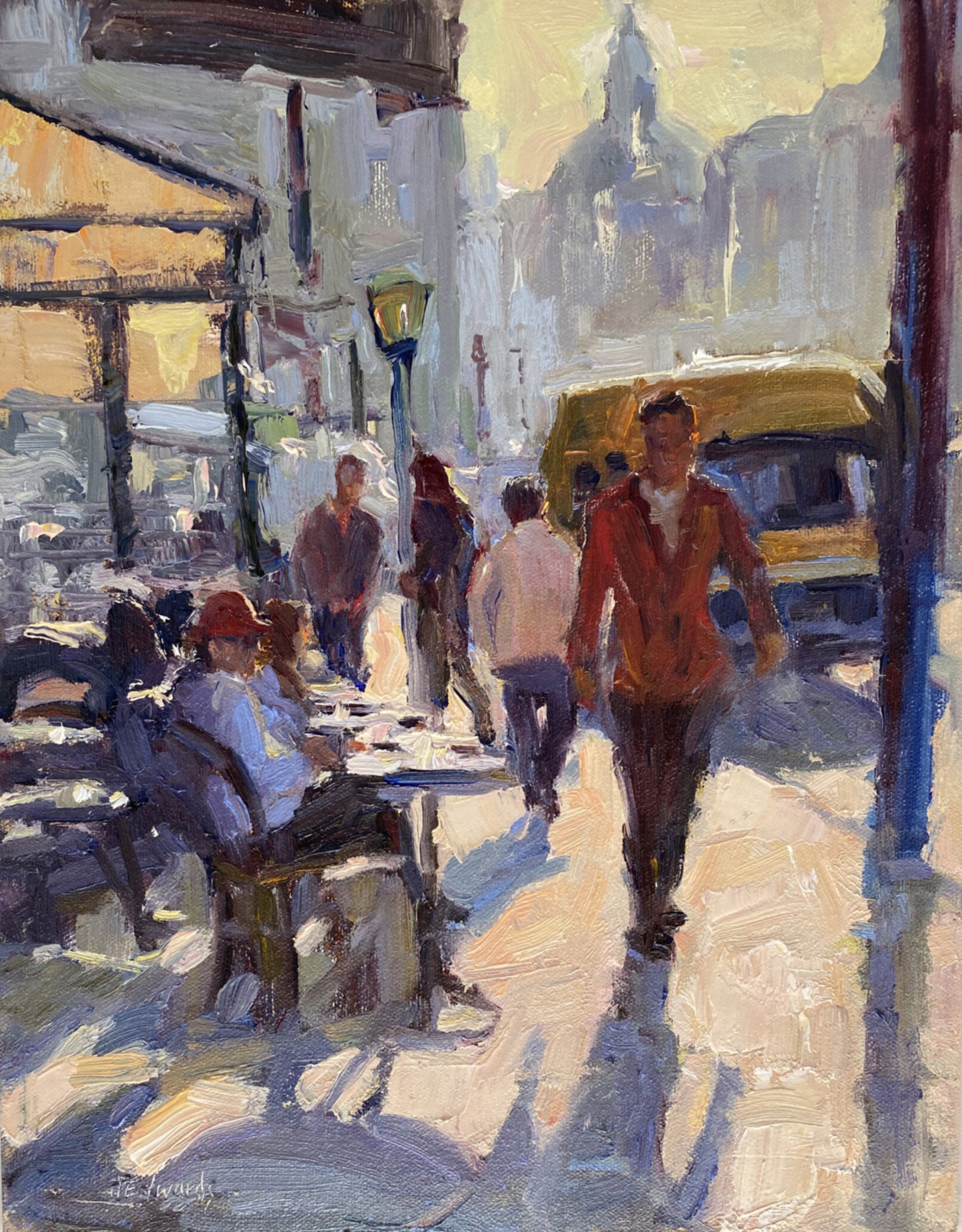 Prints available, original ***SOLD*** JEANNE EDWARDS - City Stroll, oil on panel (framed) 14x11