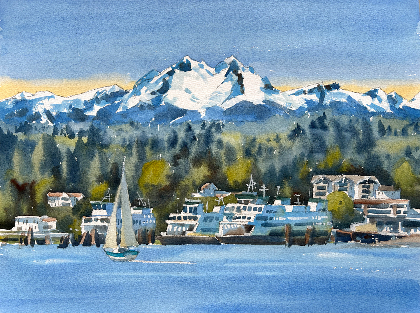 Ina Xi - Clear Morning in Winslow, Original Watercolor Painting, 19x15 (framed)