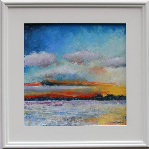 Prints available, original ***SOLD*** Carrie Goller - Cloudy on Hood Canal, cold wax & oil 12x12 (framed)