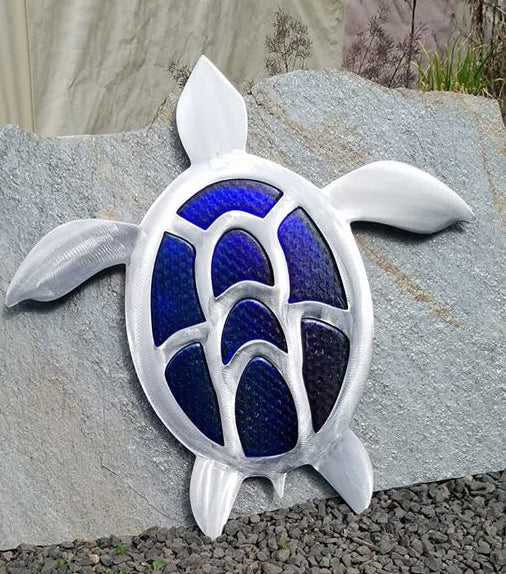 BOB KIMBALL - Turtle Wall Sculpture - Cobalt Blue Glass and Stainless Steel 30Hx30Lx1W
