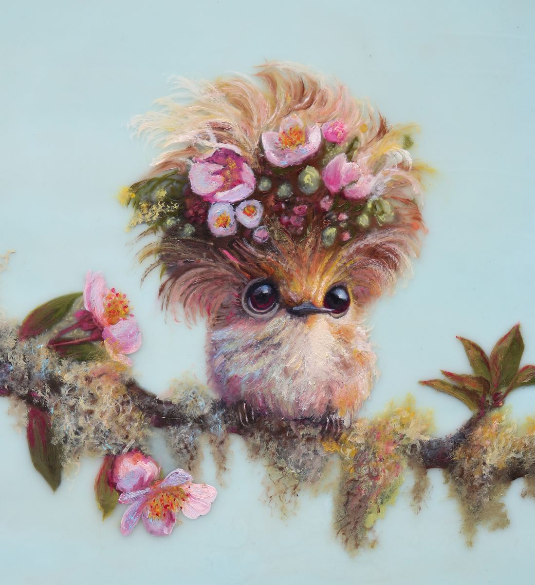 CARRIE GOLLER - CocoBelle (Floriferous "Bouffant" Collection), Mixed media oil/encaustic 8x8 (Hummingbird) ***At Jones & Terwilliger Galleries****