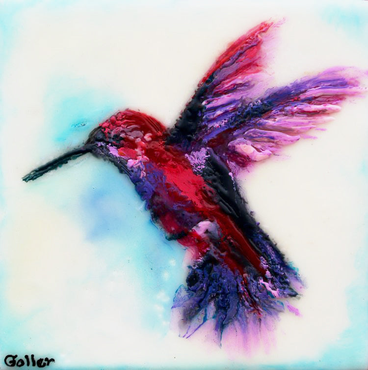 Prints available, original ***SOLD*** Colibri V - Encaustic & Mixed Media 6.5x6.5