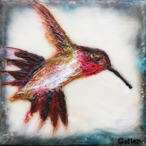 Prints available, original ***SOLD*** Colibri VI - Encaustic & Mixed Media 6x6