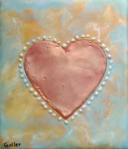 ***SOLD*** Carrie Goller - Peachy Coral Iridescent Heart with White Dots on Yellow Green, encaustic 5.5x4.5