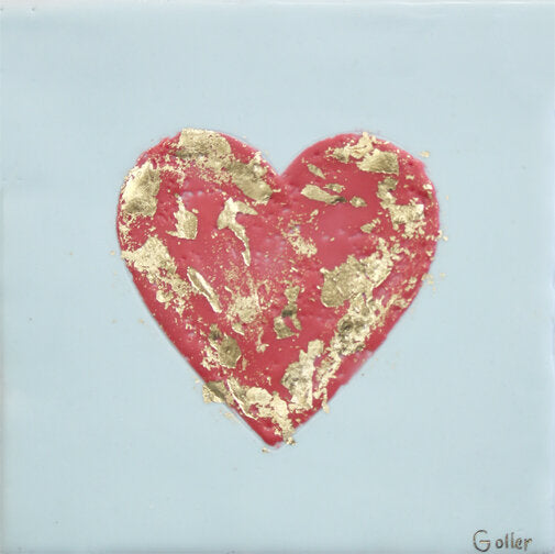 ***SOLD***Carrie Goller - Coral Heart on Pale Blue, encaustic/gold leaf 5x5x.75