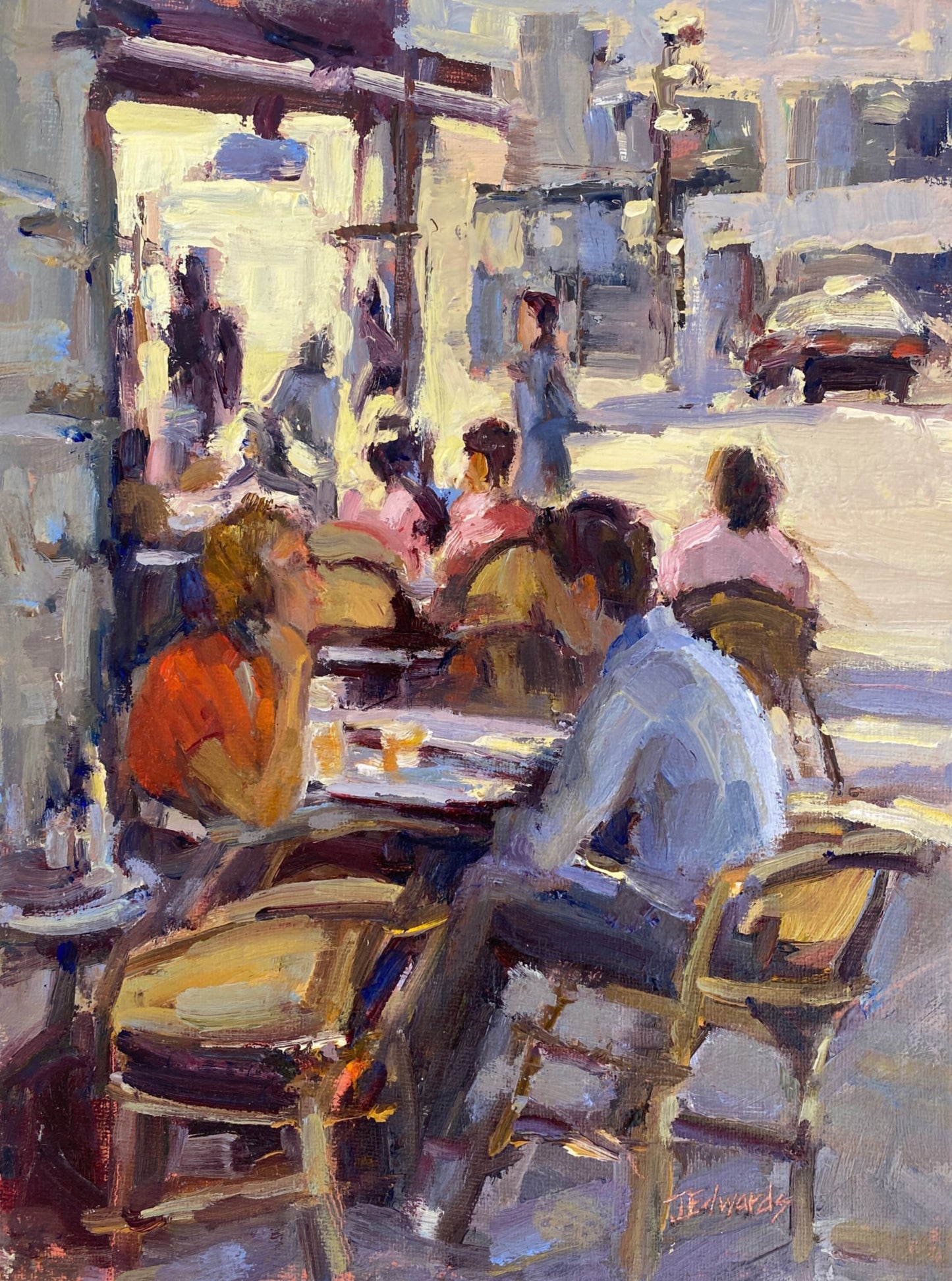 JEANNE EDWARDS - Corner Cafe, oil on panel (framed) 9x12