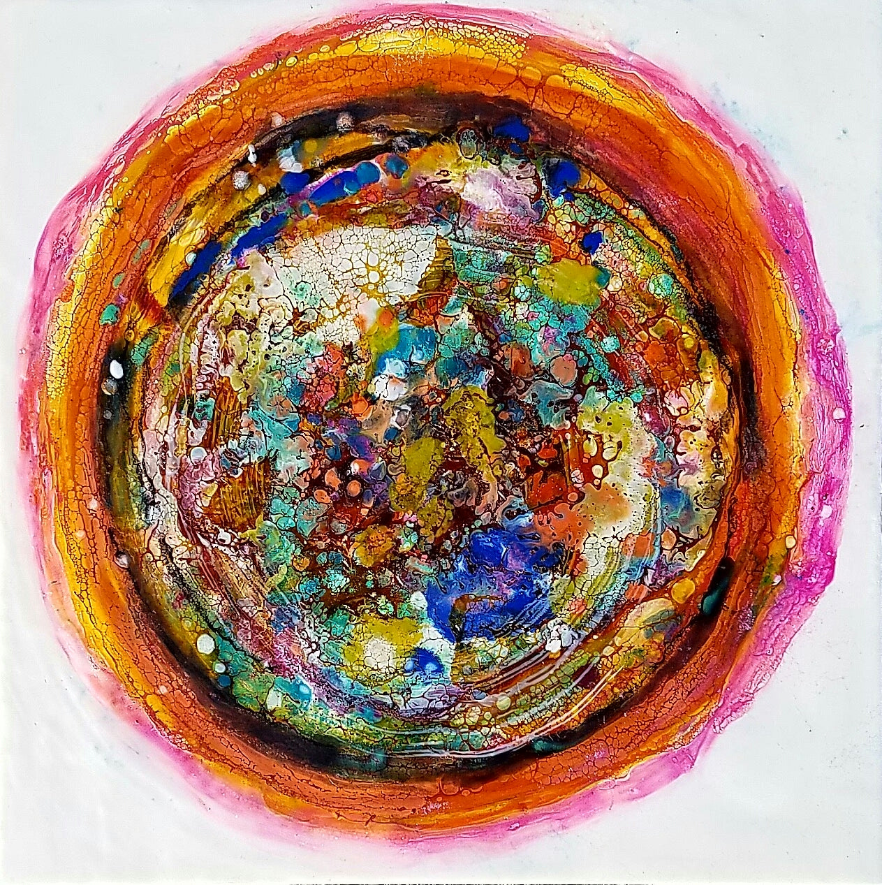 Prints available, original ***SOLD*** Cosmos II - Encaustic & Mixed Media 16x16 on a 1.75" wood panel, ready to hang