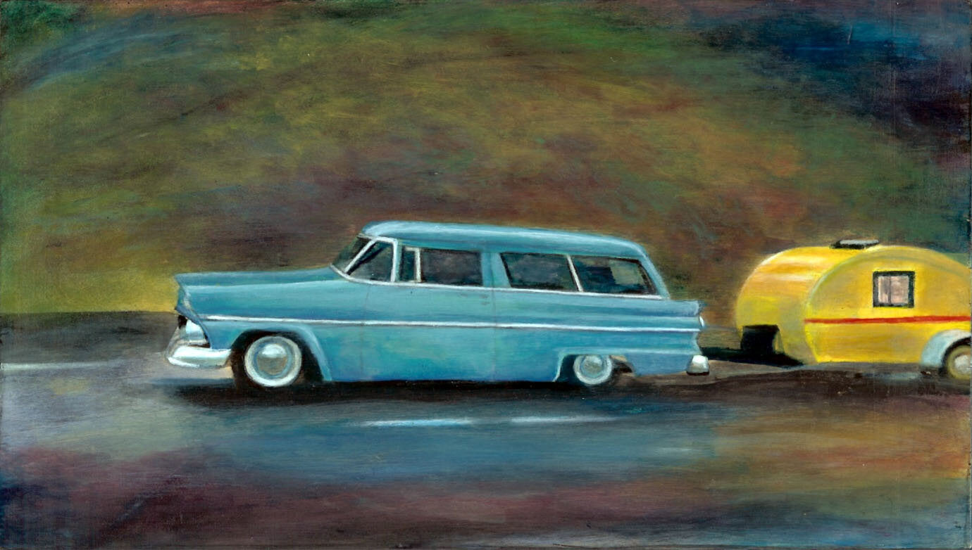 CARRIE GOLLER PRINTS - IMPRESSIONIST - COUNTRY SQUIRE CAR WITH TRAILER original oil, 11x14