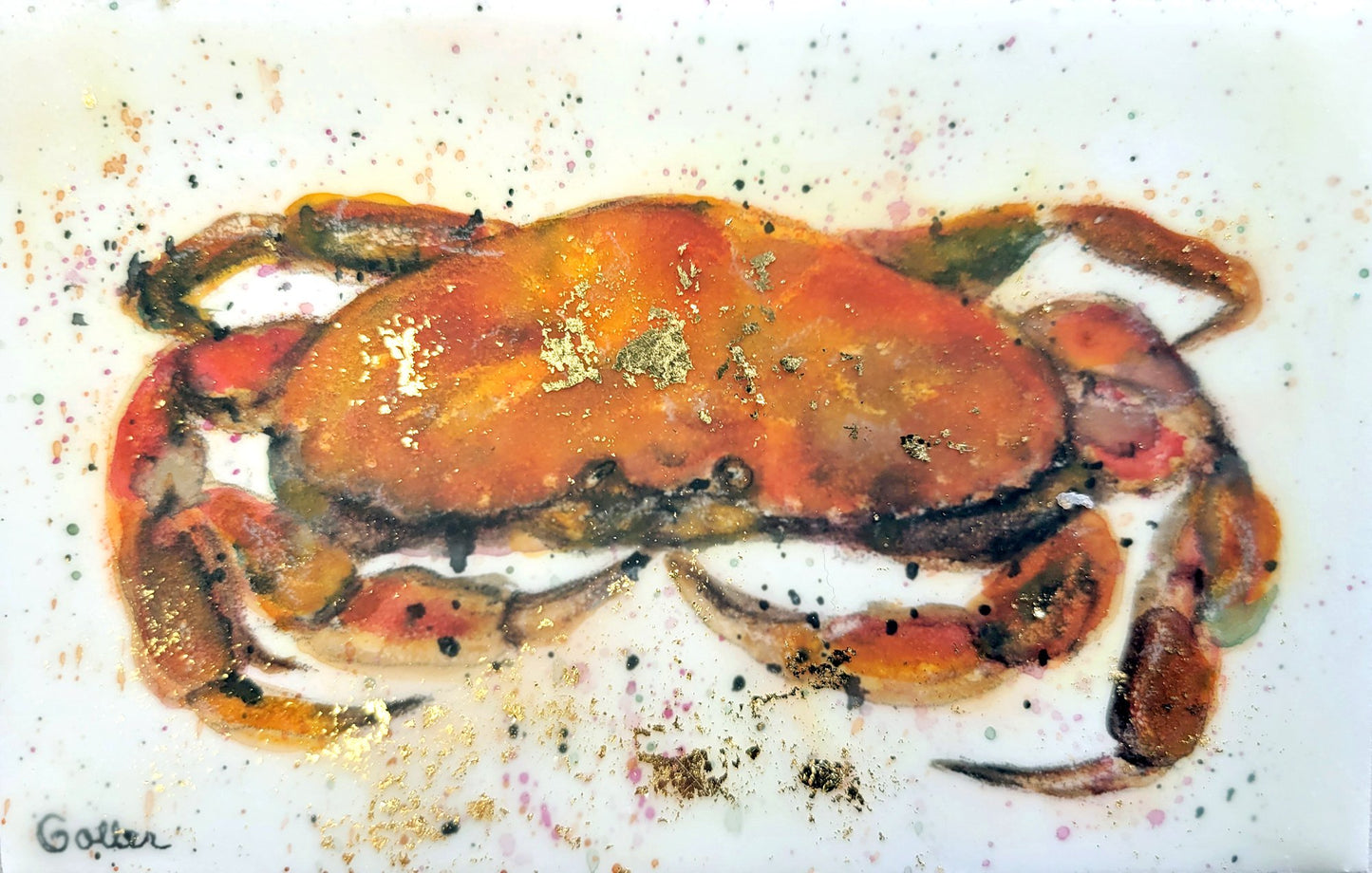 ***SOLD*** Carrie Goller - Original Crab Miniature Painting 3 x 4.75 - Encaustic/Watercolor/Gold Leaf