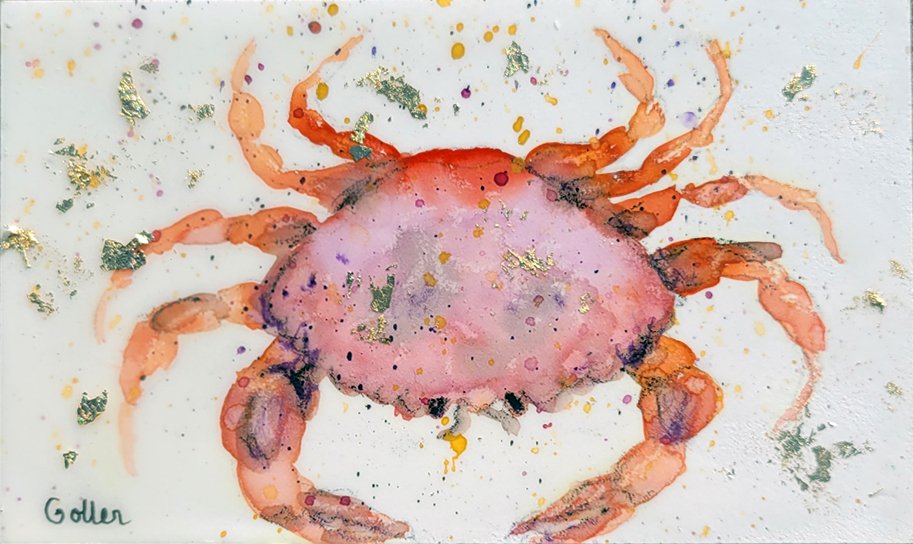 ***SOLD*** Carrie Goller - Original Crab Miniature Painting 3 x 4.75 - Encaustic/Watercolor/Gold Leaf