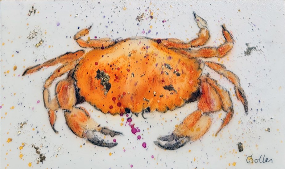 ***SOLD*** Carrie Goller - Original Crab Miniature Painting 3 x 4.75 - Encaustic/Watercolor/Gold Leaf