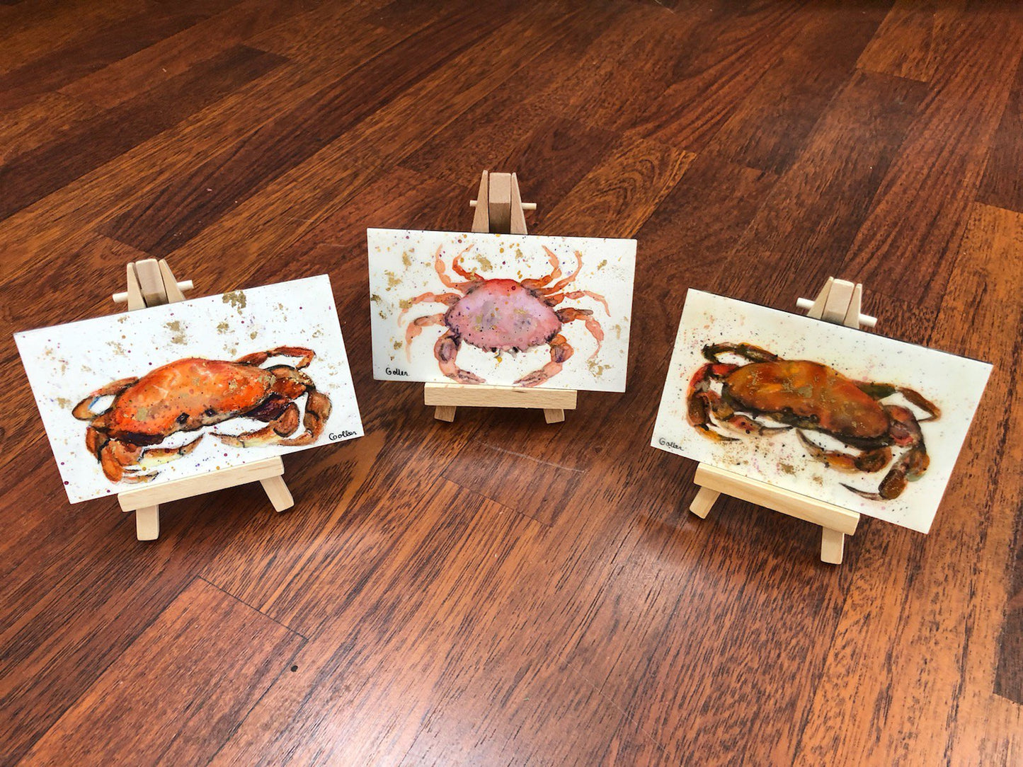 ***SOLD***Carrie Goller - Original Crab Miniature Painting 3 x 4.75 - Encaustic/Watercolor/Gold Leaf