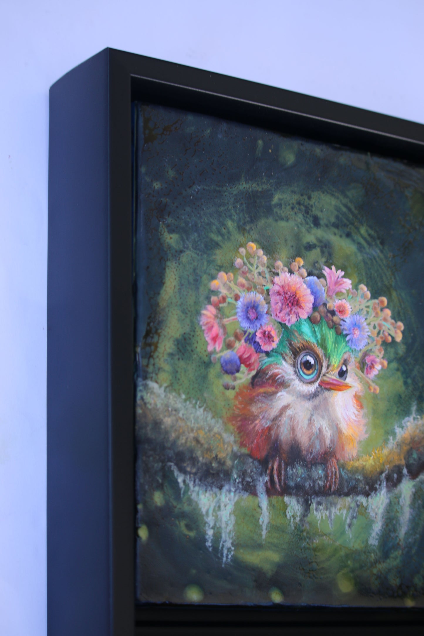 CARRIE GOLLER - Cupcake, Floriferous Cuban Tody Bird, Mixed Media - Oil/Encaustic 8x8 (framed)