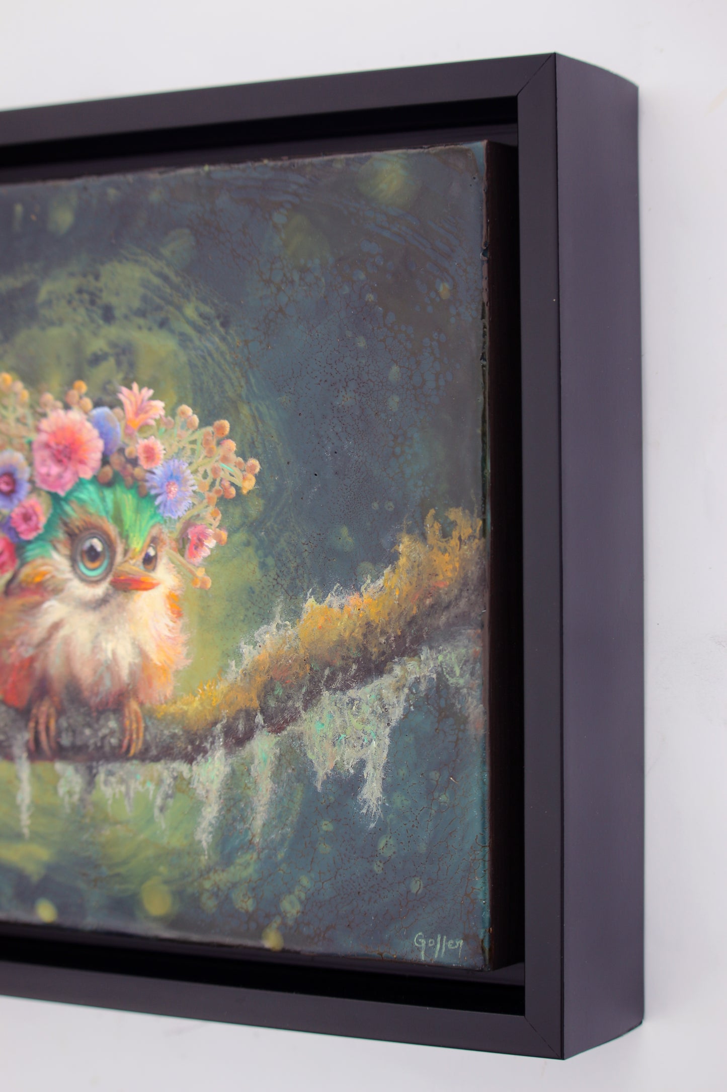 Prints available, original ***SOLD*** CARRIE GOLLER - Cupcake, Floriferous Cuban Tody Bird, Mixed Media - Oil/Encaustic 8x8 (framed) *** At Jones and Terwilliger Galleries, Carmel, CA please inquire at (831) 626-9100 ***