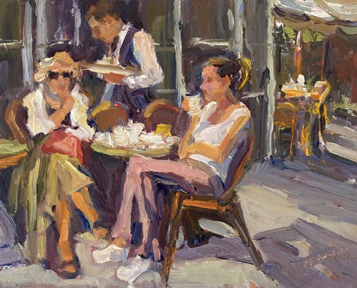 ***SOLD*** JEANNE EDWARDS - Daily Chat, oil on panel (framed) 8x10