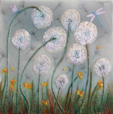 Prints available, original***SOLD***Dandelion Dance - Encaustic & Mixed Media 15x15