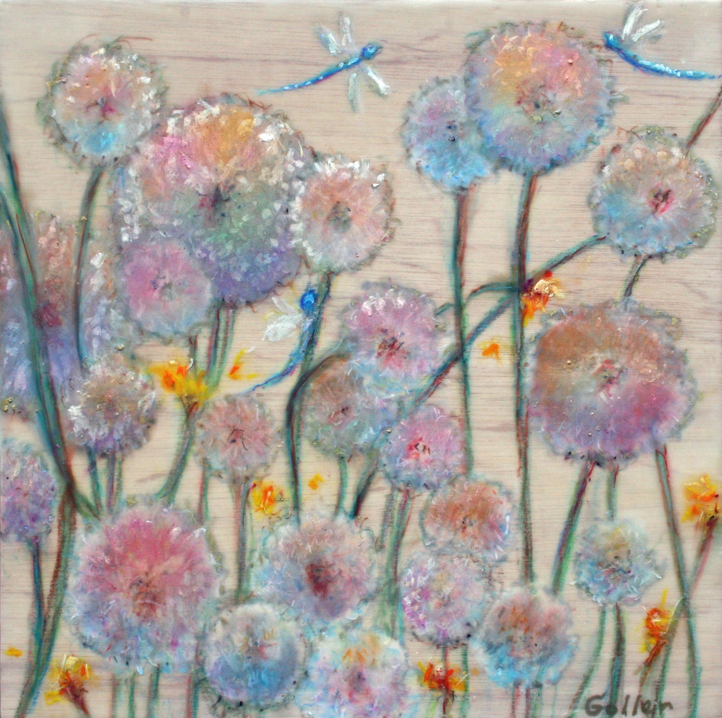 Prints available, original***SOLD***Dandelions - Encaustic/Mixed Media 15x15
