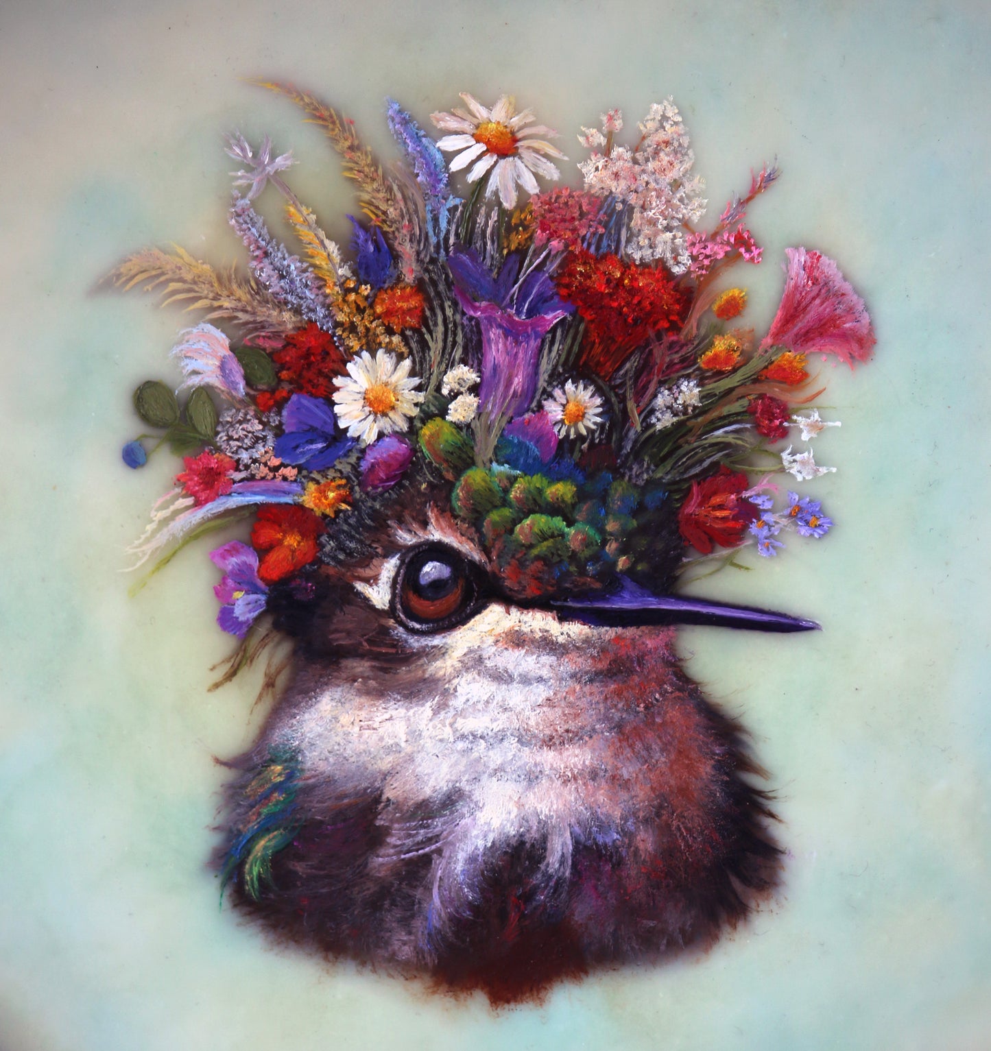 CARRIE GOLLER - Daphne (Floriferous Hummingbird Portrait), Mixed Media Oil/Encaustic 8x8 ***At Jones & Terwilliger Galleries, Carmel, CA please inquire at (831) 626-9100***